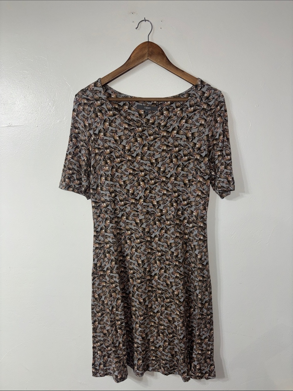 Next Gray and Brown Butterfly Print Short Sleeve Midi Length Dress Size 14 Boho